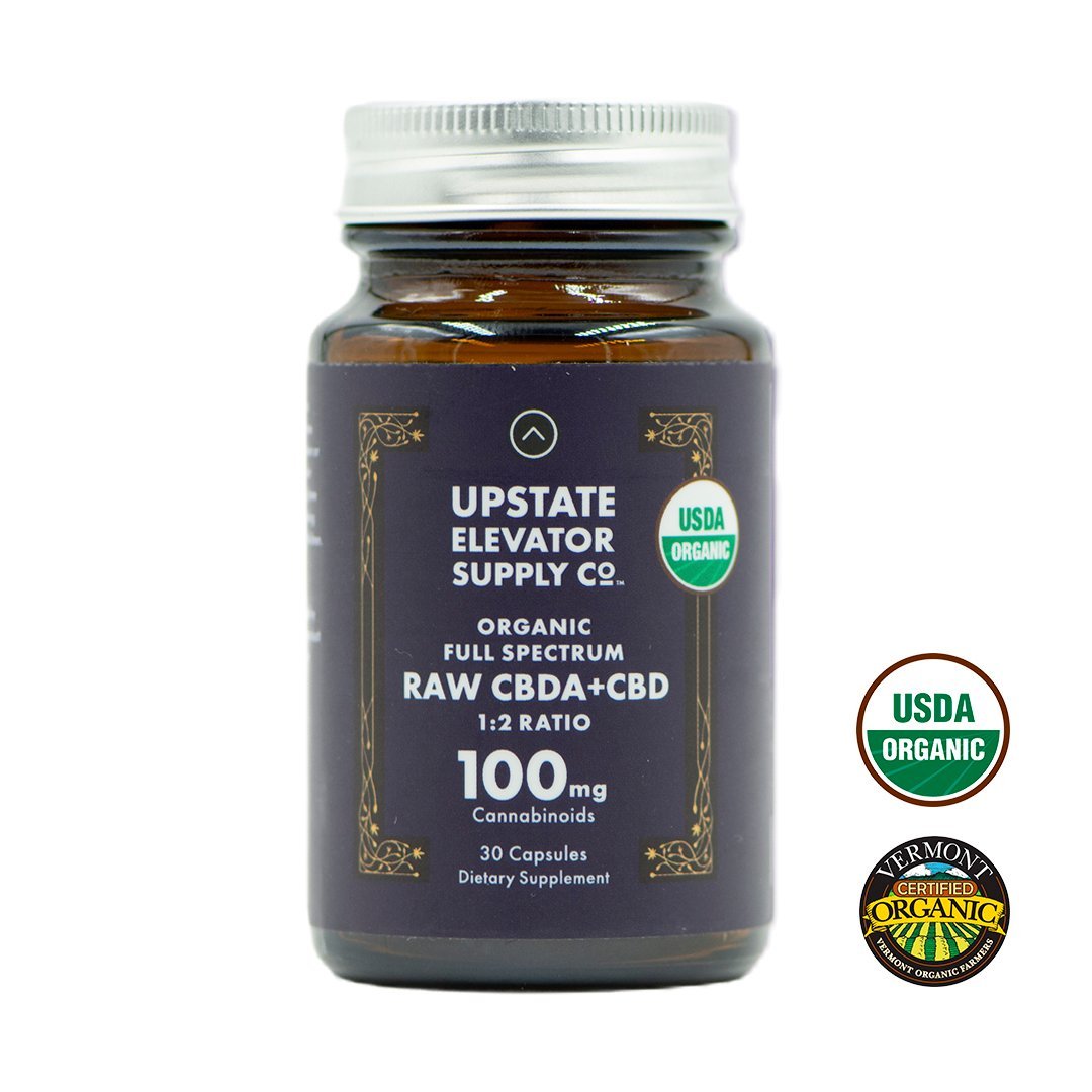 100mg-Organic-CBDACBD-Capsule-front-icons-copy-1.jpg 100mg Organic Full Spectrum Raw CBDA+CBD Capsules - Image 1
