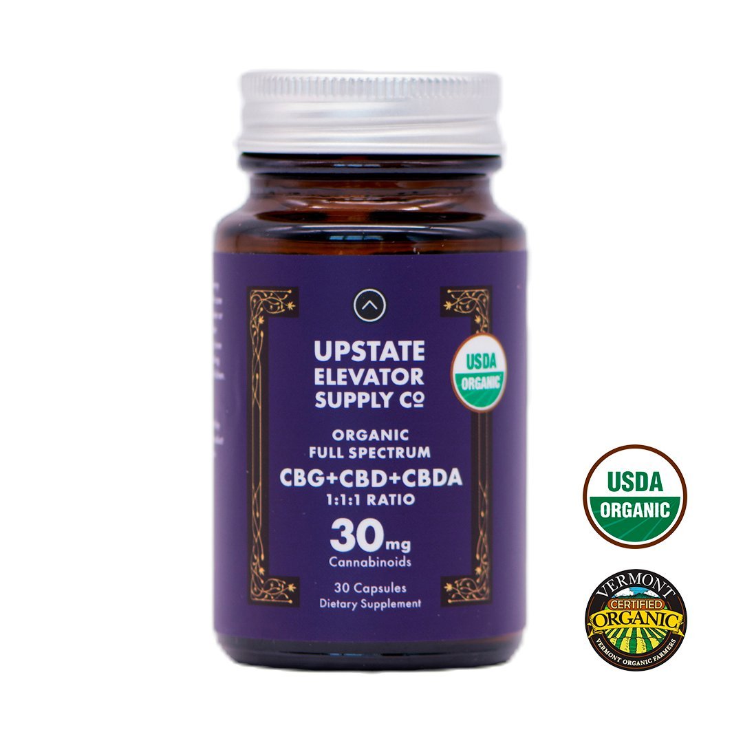 30mg-Organic-CBGCBDCBDA-Capsule-front-icons.jpg 30mg Organic Full Spectrum CBG+CBD+CBDA Capsules - Image 1