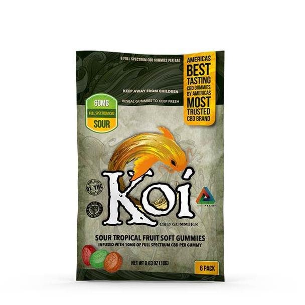 sour_6pc_front__52884.1563375509.jpg Koi CBD - CBD Edible - Sour Tropical Fruit Gummies - 10mg - Image 1